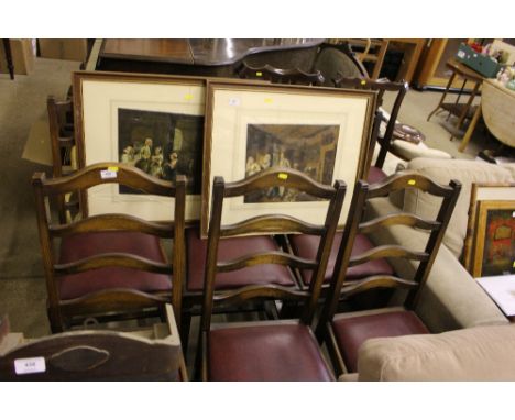 A set of six oak ladder back and leather upholstered dining chairs 