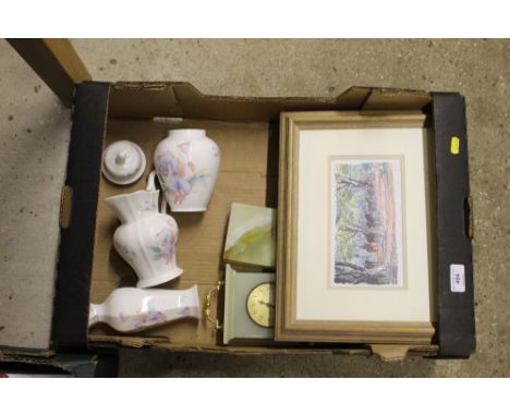 A box containing two horse racing prints; two onyx boxes; a mantel clock; Aynsley china etc 
