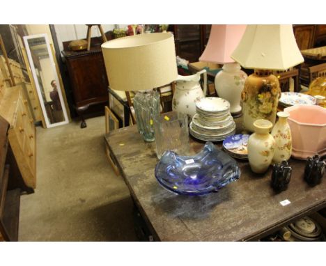 A glass table lamp and shade; together with a blue glass bowl; and a glass vase