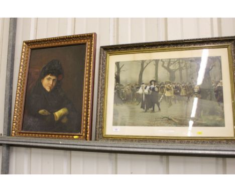 A framed and glazed coloured print "Charles I On The Way To Execution"; and an oil on canvas portrait study 