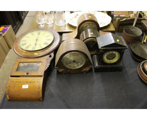 A 19th Century inlaid drop dial wall clock; together with four various mantel clocks