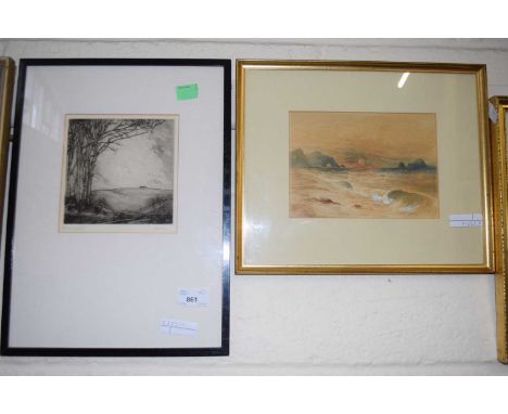 Mixed Lot: Small black and white etching, indistinctly signed in pencil together with a watercolour of a coastal scene