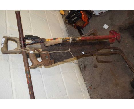 Assorted garden tools, saw etc