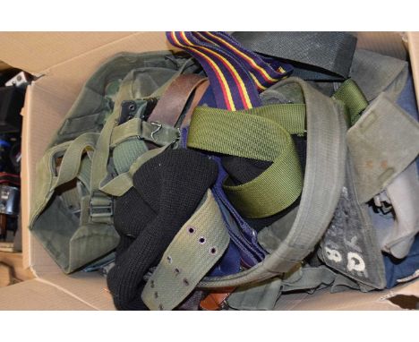 Box of various army surplus webbing belts etc