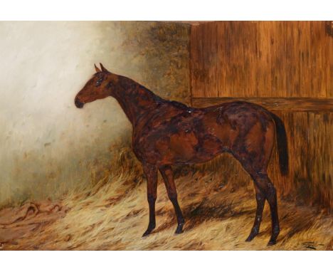 George Wright (1870-1963) Portrait of a Bay horse standing in a stable Signed, oil on canvas, 51.5cm by 74cm See illustration