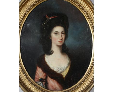 Follower of Joseph Highmore (1692-1780) Portrait of a lady wearing a red satin dress trimmed with fur, her hair decorated wit