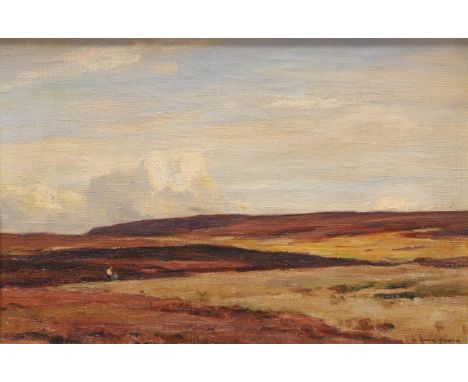 Owen Bowen ROI, PRCamA (1873-1967) Figures traversing a moorland Signed, oil on canvas, 27.5cm by 41.5cm Provenance: TB &amp;
