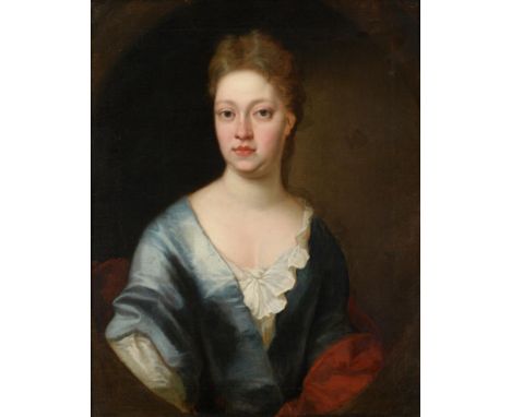 Follower of Sir Godfrey Kneller (1646-1723) Portrait of Frances Bathurst, head and shoulders wearing a blue satin dress with 