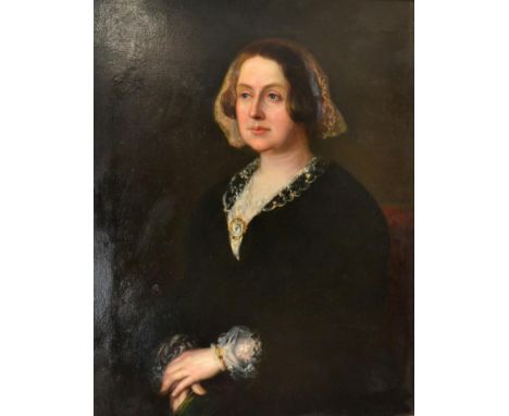 Follower of William Powell Frith (1819-1909)  Portrait of a lady, half length seated wearing a lace cap with a black dress an