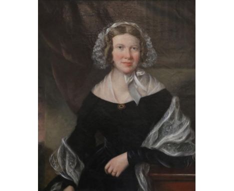 Follower of Sir Francis Grant (1803-1878) Portrait of a lady, half-length seated, wearing a white bonnet with black dress and
