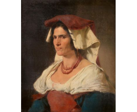 Italian School (19th century) Portrait of a lady, wearing traditional dress, head and shoulders  Indistinctly signed, oil on 