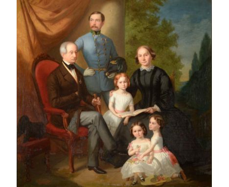 Follower of John Linnell (1792-1882) Family portrait before a landscape  Oil on canvas, 71.5cm by 75cm 