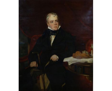 British School (19th century)  Portrait of Sir Walter Scott (1771-1832), three quarter length, seated in a red upholstered ch