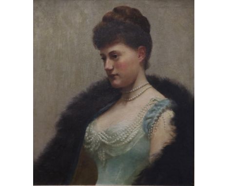 Follower of Luke Fildes (1843-1927) Portrait of an elegant lady, head and shoulders, wearing a pearl necklace and blue satin 
