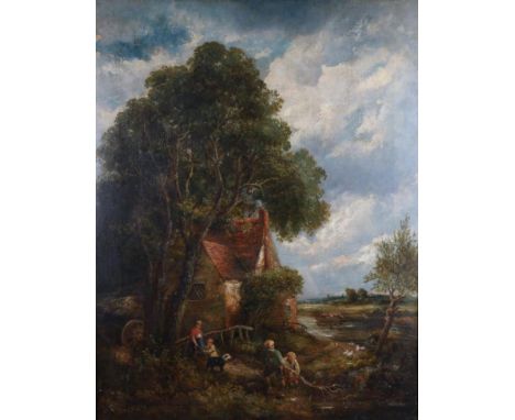 After John Constable (1776-1837) Children at play outside a cottage Bears signature, oil on canvas, 110cm by 85cm 