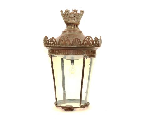 A French bronzed metal lantern ceiling light, circa 1890, with pierced decoration above glass panels, 79cm high CONDITION REP
