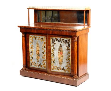 An early Victorian mahogany side cabinet/chiffonier, circa 1840, the mirror backed superstructure with galleried shelf above 