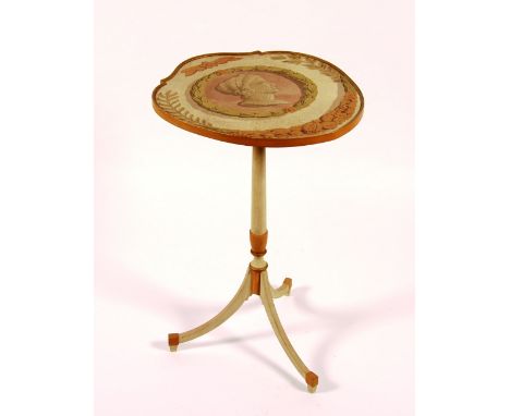 A painted occasional tripod table, the early 19th century top cut from a larger painted panel, possibly a screen or wall/ceil