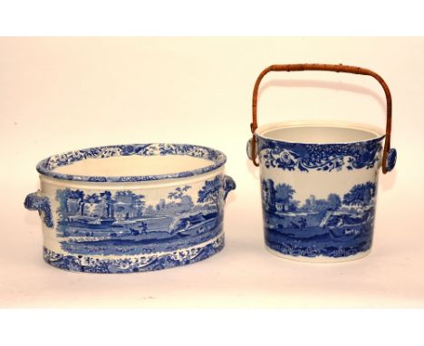 A Copeland Spode blue and white ceramic footbath, decorated with Classical landscape scenes, 20cm high x approx 55cm diameter