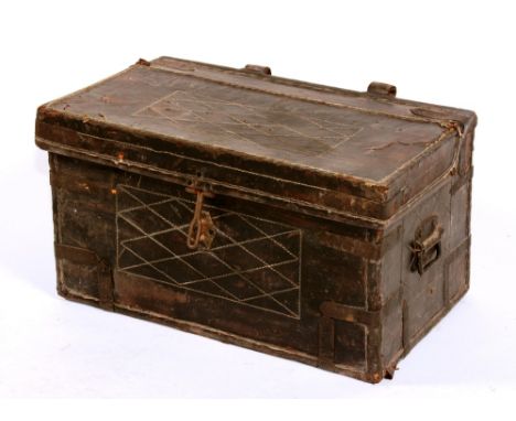A vintage leather bound trunk, with hinged top, 35cm high x 65cm wide x 40cm deep