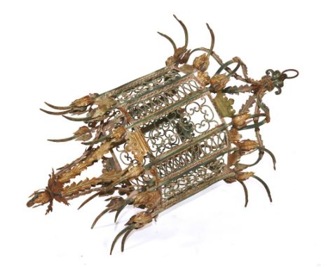 A large 19th century painted metal lantern ceiling frame circa 1890, with stylised flowerheads and pierced decoration, 155cm 