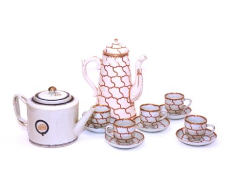 A harlequin porcelain coffee service, circa mid 18th century, comprising of five cups and saucers and coffee pot (a/f), coffe