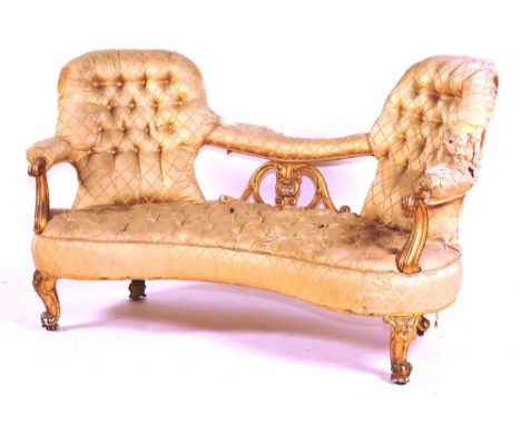 A Victorian giltwood sofa circa 1850, with buttoned double chair-back and buttoned seat, raised on cabriole legs (a/f), 96cm 