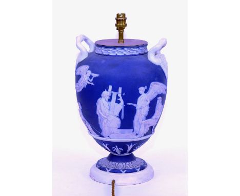 A Wedgwood blue Jasperware vase lamp, circa 19th century, with neo-classical decoration on a painted wooden base, 47.5cm high