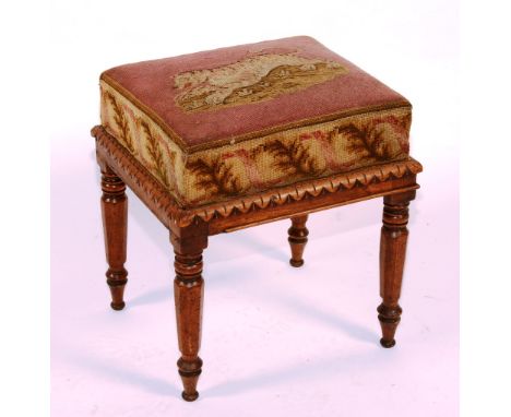 A George IV oak needlepoint stool, circa 1823, with faceted legs and original needlework of tiger on pink ground (requires re