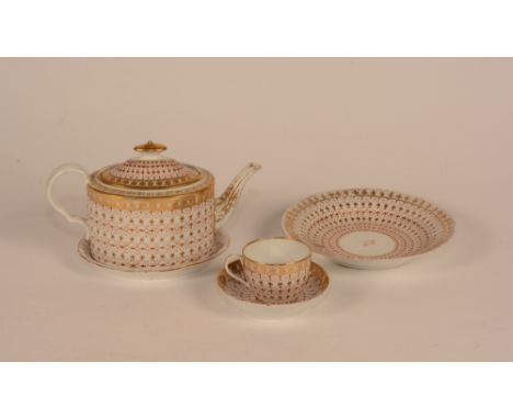 A Newhall tea and coffee service, circa late 18th century, with concentric circle decoration of red and gold on white, compri