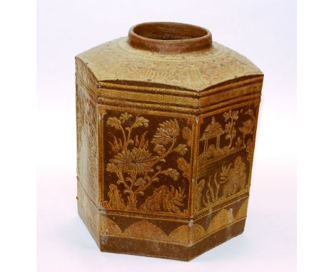 A Chinese stoneware hexagonal planter, circa late 19th/early 20th century, decorated with glazed yellow panels of birds on br