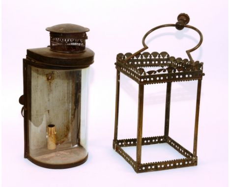 A cast metal lantern ceiling frame, with swing handle, 46cm high, together with a vintage wall mounting lantern light, 44cm h