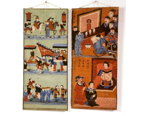 Two 19th century Chinese scroll paintings on canvas panel, depicting scenes from Chinese life on pale green and orange ground