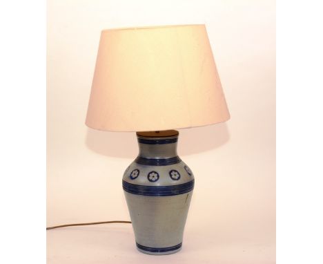 A stoneware vase lamp and shade, circa 1900, saltglazed with grey/blue colour, 34cm high