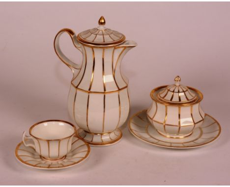 A KPM porcelain tea service, decorated with gilded banding on white ground, comprising of teapot, sucrier, cream jug, 10 side