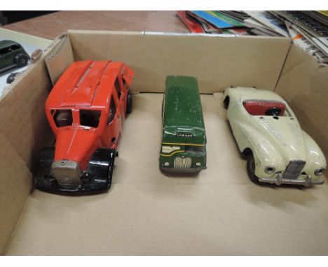 Three Tin plate vehicles, Startex Sunbeam Alpine, Minic Fire Engine and Wells style Green Line Bus