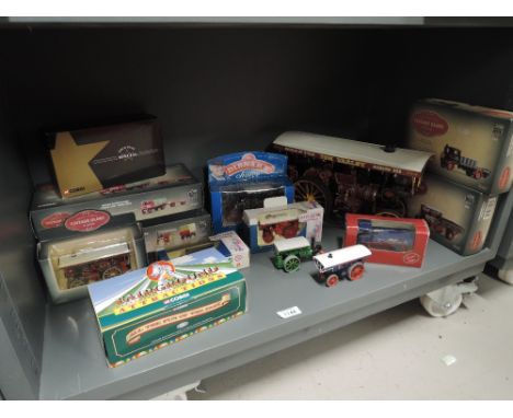 A shelf of mixed diecasts including Corgi Vintage Glory of Steam, Fairground Attractions etc, most boxed