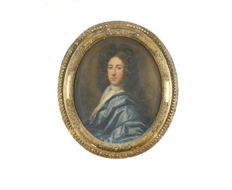 Circle of John Closterman (German, 1660-1711) Portrait of a gentleman in a long brown wig, blue cloak and white stock oil on 