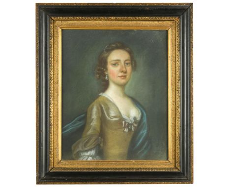 English School, 18th Century  Portrait of a lady in a gold dress and blue cloak; Portrait of a lady in a lace fichu, black dr