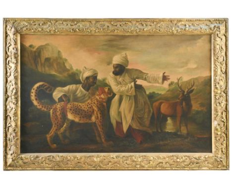 After George Stubbs (British, 1724-1806) A Cheetah and a Stag with two Indian servants oil on canvas 56 x 90cm (22 x 35in) Pr