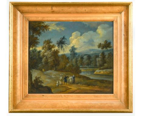 Anglo-Flemish School, circa 1700   A Wooded river landscape with figures on a pathway in the foreground oil on canvas 29 x 34