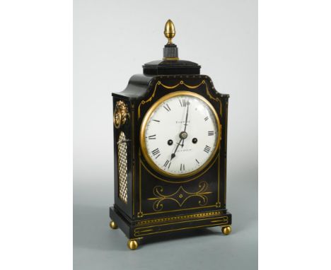 Barwise, London, a Regency ebonised and brass inlaid bracket clock, the shaped top case with acorn finial above 7inch (18cm) 