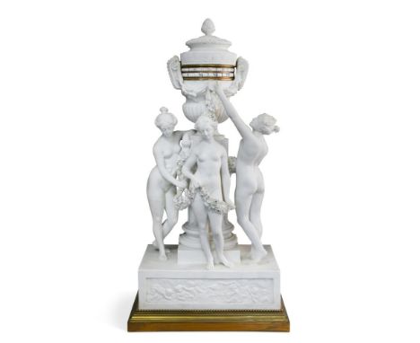 A French bisque porcelain Three Graces mantel clock, last quarter 19th century, after the model by Étienne-Maurice Falconet, 