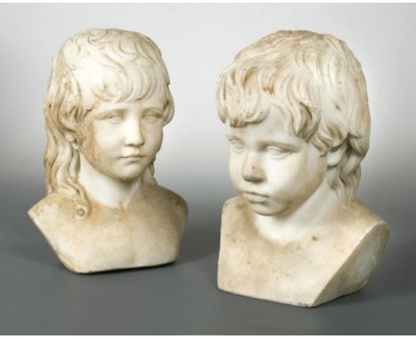 John De Vaere (1755-1830), two white marble portrait busts, of a girl and boy, both signed to one side of the base, one dated