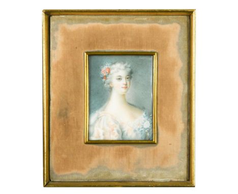 Follower of Rosalba Carriera, circa 1820s  Miniature portrait of a lady in a lace-trimmed pink dress garlanded with flowers a