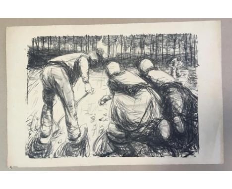 Harry Becker (British, 1865-1928) A man hoeing whilst women pick up potatoes lithograph on buff paper, unframed 33 x 50cm (13