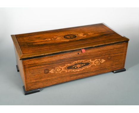 A 19th century Swiss rosewood and marquetry music box, the crank wind 23.5cm cylinder mechanism numbered 35287 playing 10 air
