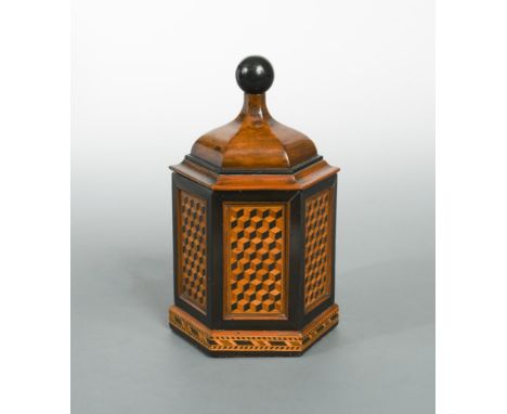 A 19th century Tunbridge Ware hexagonal caddy, of hexagonal form with loose cover surmounted with a turned globular finial, t