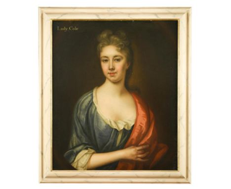 English School, circa 1720   Portrait of Lady Cole, half-length, in a blue dress and a pink shawl inscribed upper left "Lady 