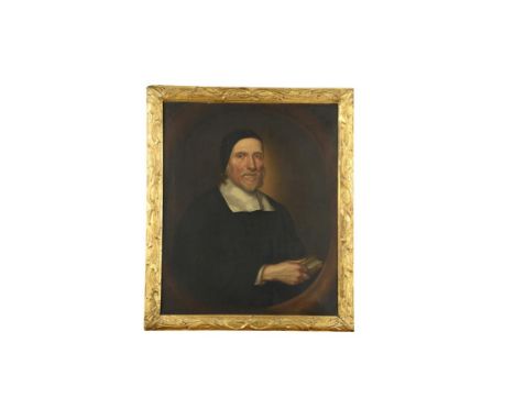 English School, 17th Century  Portrait of a cleric in a black skull cap, black jacket and white collar, holding a Prayer Book
